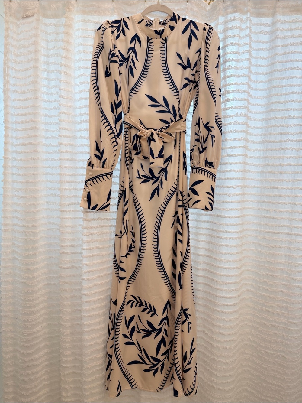 Cream Maxi Dress with Navy Leaf Print and Tie Waist